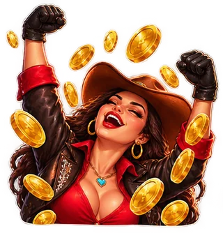 Cowgirl cheering in a shower of gold coins